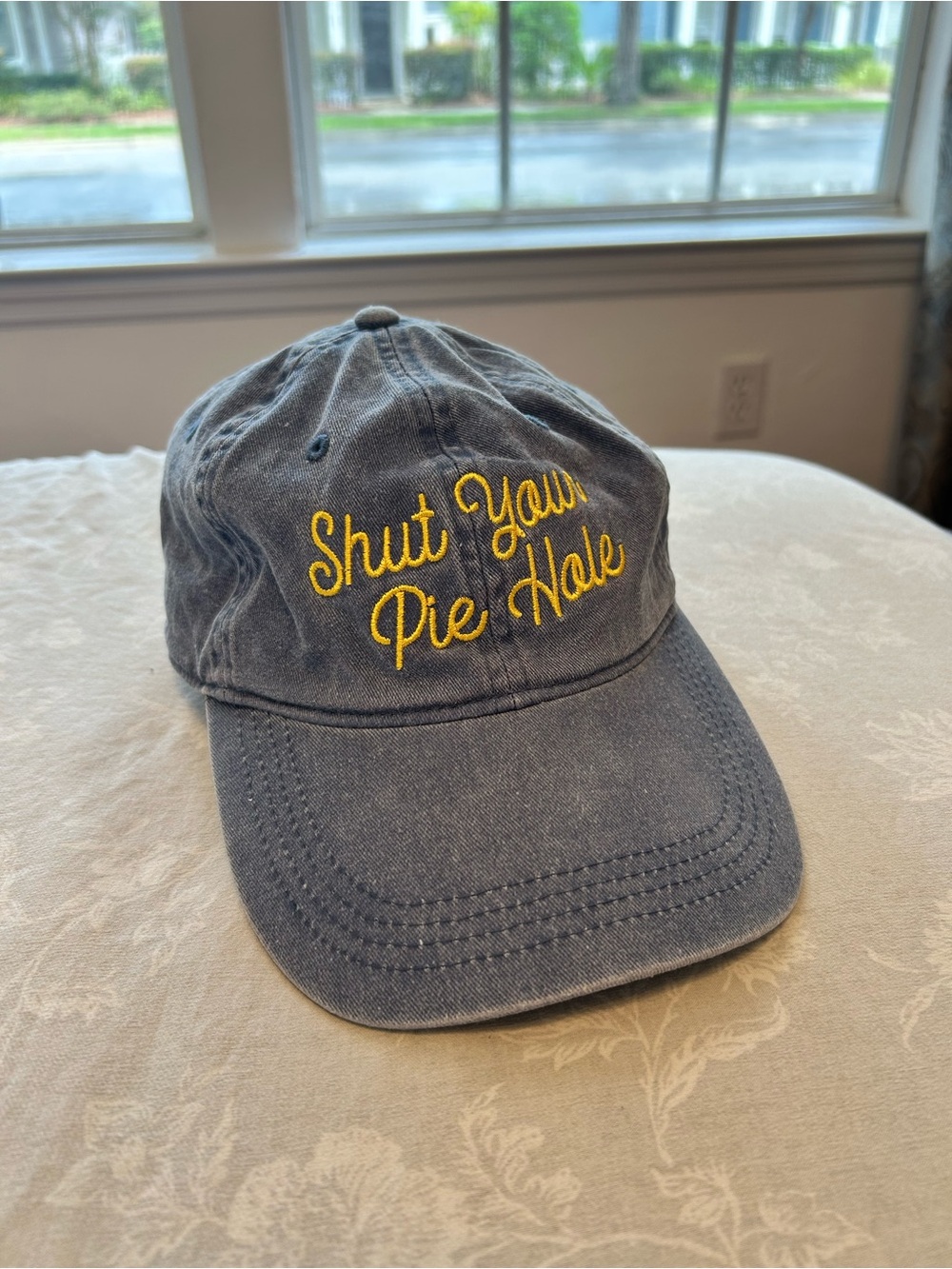 Embroidered 'Shut Your Pie Hole' Distressed Navy Baseball Cap